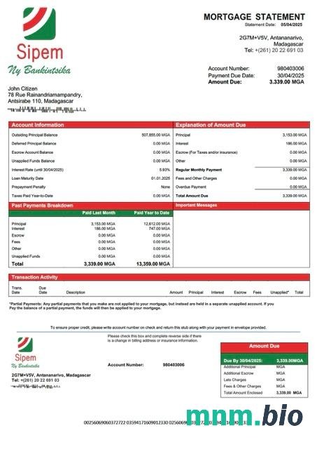 Madagaskar SIPEM Banque wyciąg z kredytu hipotecznego szablon Word i PDF